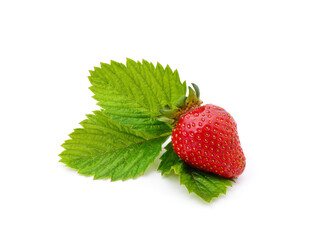 Ripe strawberry with leaves.