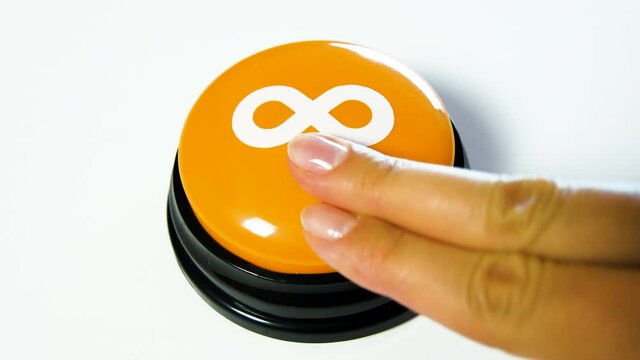 Woman pushing a glossy button with infinity symbol on white background. Mathematical symbol representing an infinitely large number. Concept of getting something for free forever. Lemniscate. No limit