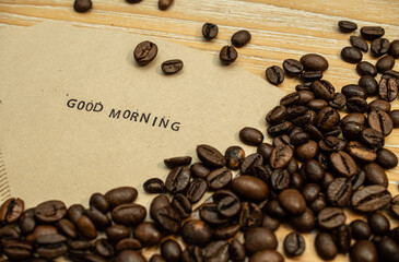 Good Morning on coffee filter with stamps and beans