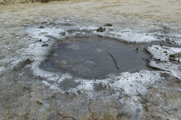 Mud geyser or mud volcano. Geological formation. particular hydrogeological conditions Generally all geyser field sites are located near active volcanic areas