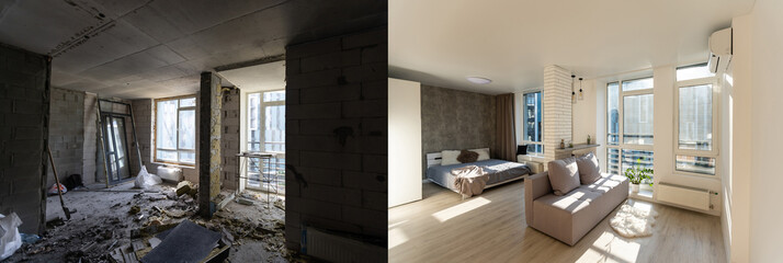 Room with unfinished walls and a room after repair. Before and after renovation in new housing.