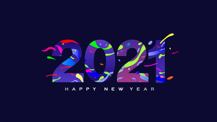 2021 calligraphy with abstract colorful fluid shapes on background of Happy New Year celebration for flyers, posters, business decoration sign, brochure, card, banner, postcard. Vector illustration