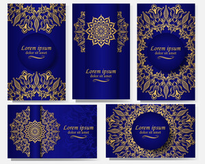 Fototapeta premium Set of five luxurious backgrounds with the image of golden mandala on blue background. Ethnic ornament on invitation, envelope, poster, cover.