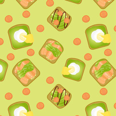 Vector seamless patern with avocado toasts. Harty healthy breakfast