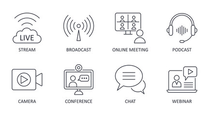 Vector live streaming icons. Set is editable stroke. Stream broadcast online meeting zoom. Podcast headphones camera internet conference chat recording a webinar - 388364961
