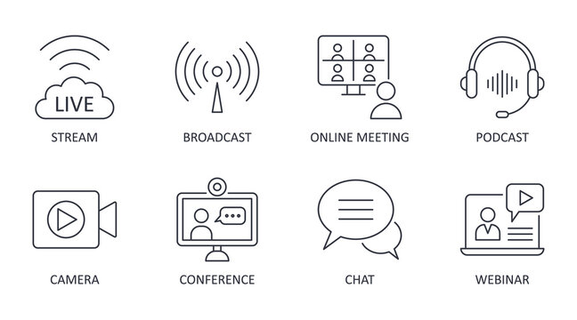 Vector live streaming icons. Set is editable stroke. Stream broadcast online meeting zoom. Podcast headphones camera internet conference chat recording a webinar