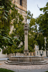 Obraz premium Fountain with a statue of St. Josefa at Charles Square near the New Town Hall (Novomestska radnice) in the center of Prague during the autumn day, Czech Republic, Bohemia region