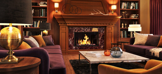 Interior design of a cozy living room in the evening with a fireplace, sofas and decor accessories