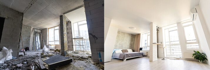 Empty rooms with large window, heating radiators before and after restoration. Comparison of old...
