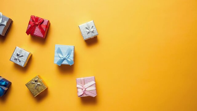 Gift boxes moving from the left side and stopping on yellow background.Holiday and celebrating concept.Stop motion video.