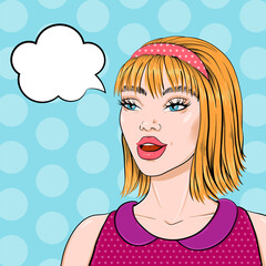 Caucasian woman with thinking bubble in pop art retro comic style