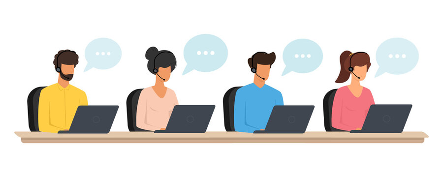 Call center, hotline workers. Man and woman in headphones with microphone at laptop. Customer support department staff, telemarketing agents. Vector illustration isolated on white background.
