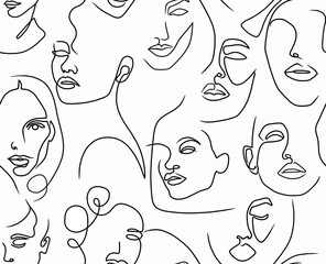 Abstract drawing of women's faces with black lines on a white background.Seamless pattern.