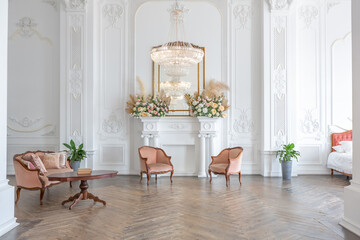 royal baroque style luxury posh interior of large room. extra white, full of day light. high ceiling and walls decorated by stucco