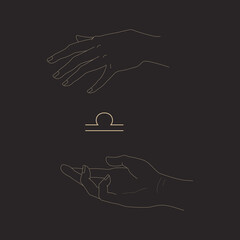Libra sign and magic hands in outline style isolated on black background. Hands hold zodiac symbol. Astrological or magic concept. Vector illustration for logotype, icon, tattoo, print