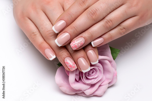 Classic French Manicure On Short Square Nails With Flowers On The Ring Fingers Wedding Nail Designs Pink Rose In Hands Wall Mural Dina Shuba Classic French Manicure On Short Square Nails With Flowers On The Ring Fingers Wedding Nail Designs Pink Rose In Hands Wall Mural Dina Shuba