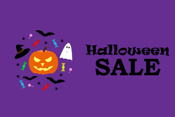 Halloween banner with pumpkin, ghost, switch hat, spiders, bats, sweets, lollipops on violet background