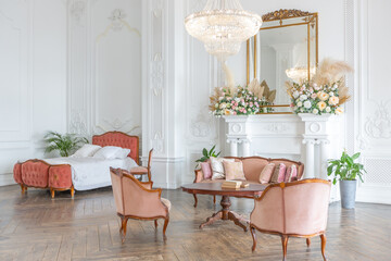 royal baroque style luxury posh interior of large room. extra white, full of day light. high ceiling and walls decorated by stucco