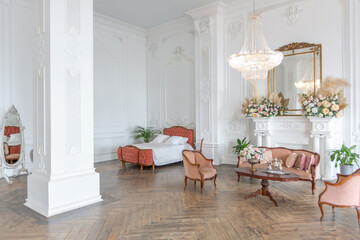 royal baroque style luxury posh interior of large room. extra white, full of day light. high ceiling and walls decorated by stucco