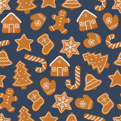 Christmas seamless pattern with different gingerbread cookies. Vector isolated illustration