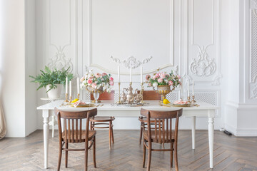royal baroque style luxury posh interior of large room. extra white, full of day light. high ceiling and walls decorated by stucco