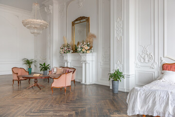 royal baroque style luxury posh interior of large room. extra white, full of day light. high ceiling and walls decorated by stucco