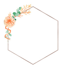 Obraz premium Peach and Orange Watercolor Rose Flower Frame Background with English Rose Austin and Eucalyptus
