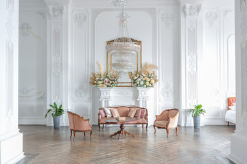 royal baroque style luxury posh interior of large room. extra white, full of day light. high ceiling and walls decorated by stucco