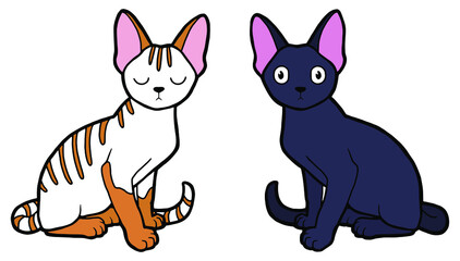 Vector illustration. Hand drawing lineart. Two cute kittens. Striped cat. Black cat. The cat expresses surprise.