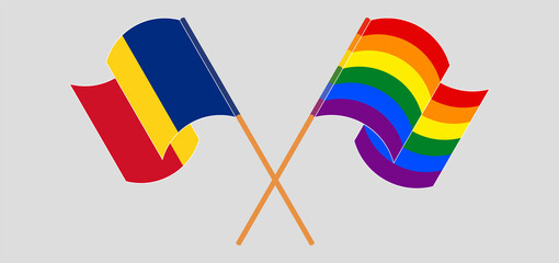 Crossed and waving flags of Romania and LGBTQ