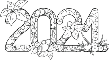 Elements for Сoloring page : 2021 new year set of leaves and berries