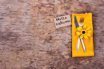 Fork, knife, napkin, cutlery. Holiday Decorations.Thanksgiving dinner.  Autumn mood, Halloween, Thanksgiving, Holiday concept.Top View. selective focus.