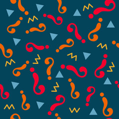 Naklejka na ściany i meble Seamless pattern with multicolored question marks and simple abstract shapes on dark blue background. Education concept. Vector flat illustration.