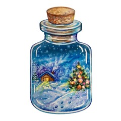 Watercolor glass bottle with winter inside. Happy new year and merry christmas card. Design element. 
