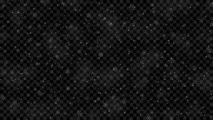 Christmas illustration of snowflakes of different shapes, sizes and transparency in white colors on transparent background