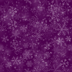 Christmas seamless pattern of snowflakes of different shapes, sizes and transparency, on purple background