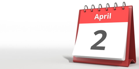 April 2 date on the flip calendar page, 3d rendering