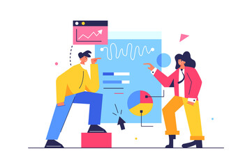 Guy and girl performing data analysis on a large virtual display isolated on white background, flat vector illustration