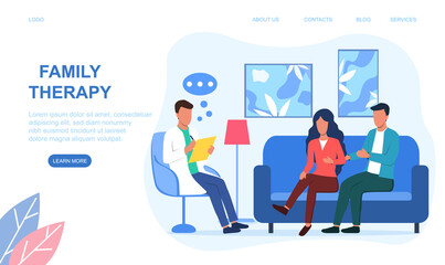 Family Psychologist. Couple of Man and Woman at Psychologist Appointment. Private Meeting with Clients in Recreation Room. Doctor Talking with Patients. Concept of Mental Health. Vector Illustration