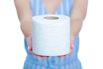 Woman holding toilet paper in hand on white background isolation