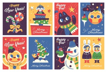 Set of Merry Christmas and Happy new Year greeting cards design with Christmas characters. Vector