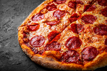 Pepperoni Pizza with Mozzarella cheese, salami, Tomato sauce, pepper, Spices. Italian pizza on Dark grey black slate background