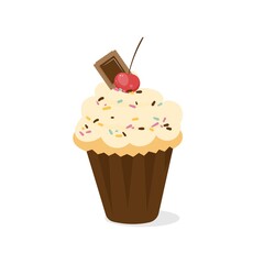 Muffin with cherry and cookie. Vector illustration of cupcake icon on white background