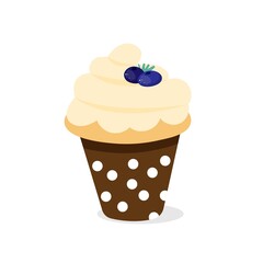 Muffin with cream and blueberry. Vector illustration of cupcake icon on white background