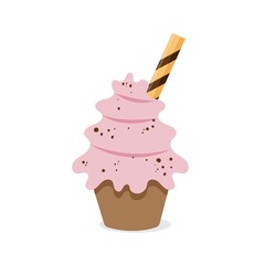 Cupcake with wafer tube and cream. Vector illustration of cupcake icon on white background
