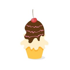 Muffin with cream and cherry. Vector illustration of cupcake icon on white background
