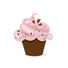 Muffin with pink cream, chocolate chips and hearts. Vector illustration of cupcake icon on white background