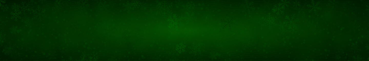 Fototapeta na wymiar Christmas banner of snowflakes of different shapes, sizes and transparency on dark green background