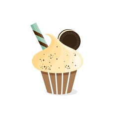 Cupcake with wafer tube and cookie. Vector illustration of cupcake icon on white background