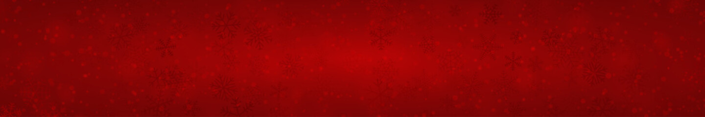 Christmas banner of snowflakes of different shapes, sizes and transparency on red background